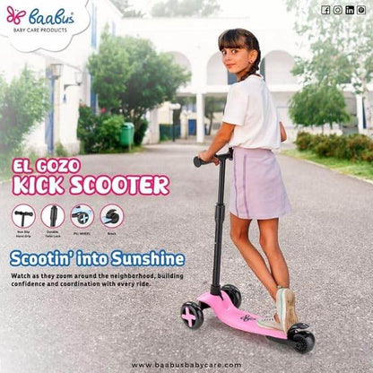 Girl riding a pink LED kick scooter for kids outdoors on a paved path with trees in background