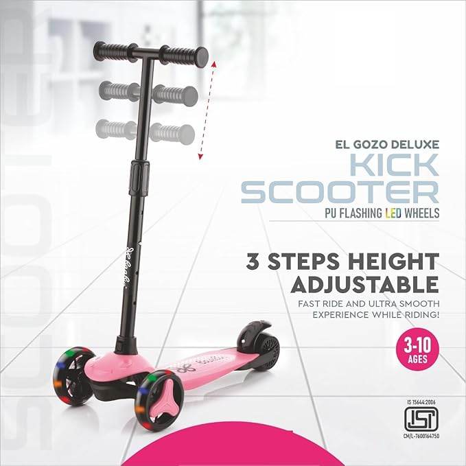 Pink LED kick scooter for kids with adjustable height and flashing PU wheels for ages 3 to 10