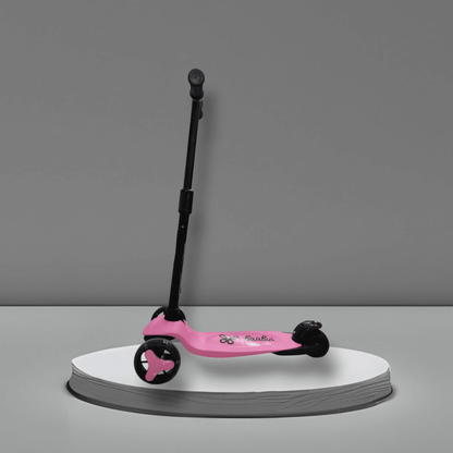 Pink LED kick scooter for kids with black handlebar and three wheels for stability