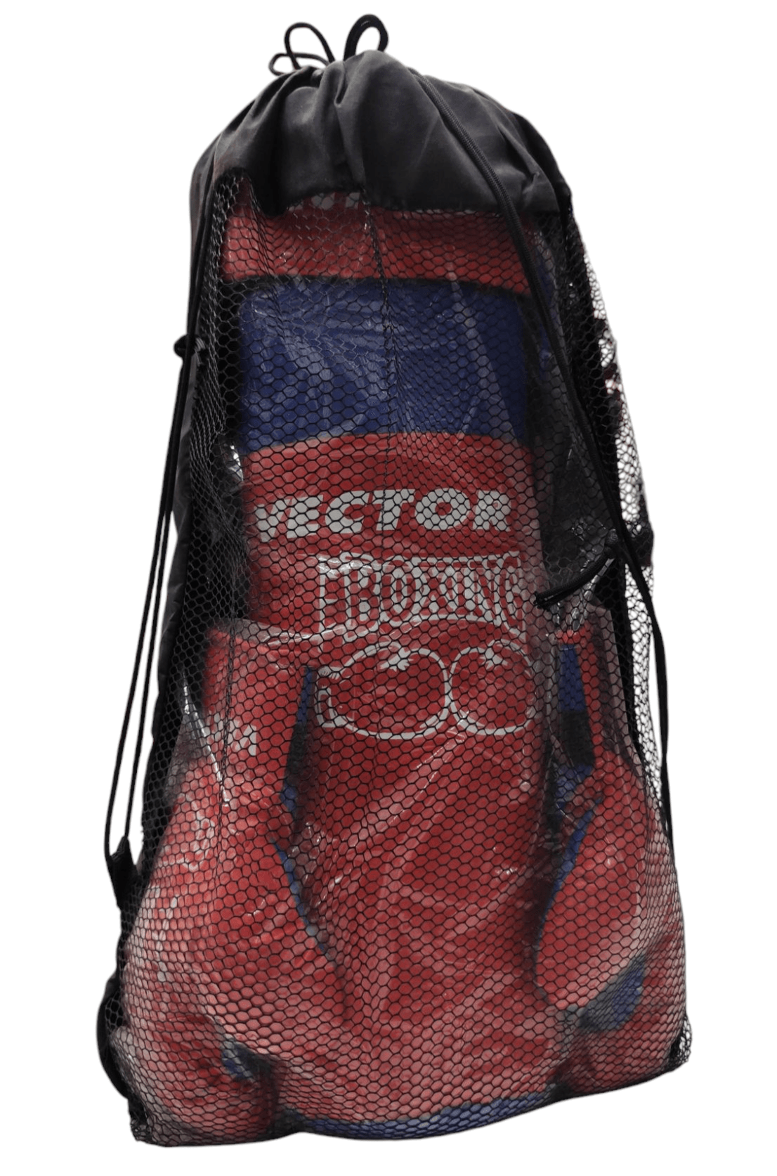 Baby boxing kit set in red and blue packed inside a black mesh drawstring bag