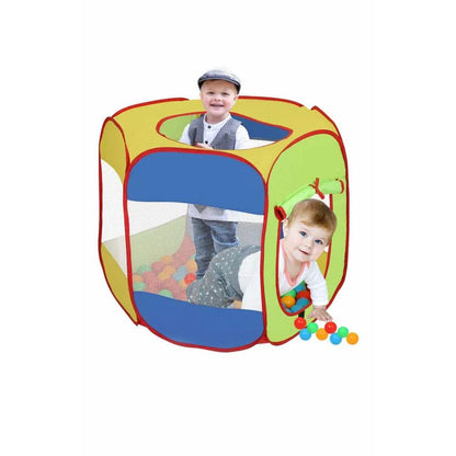 Kids playing inside multicolor hexa ball pool for kids with colorful plastic balls and mesh sides