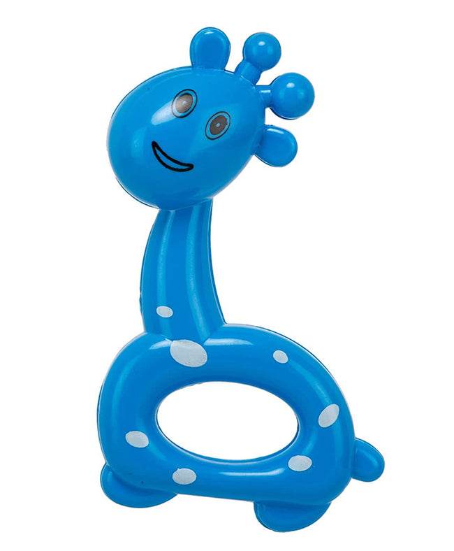 Blue giraffe-shaped toy for infants with smooth edges, ideal for 0-12 months, promoting sensory play