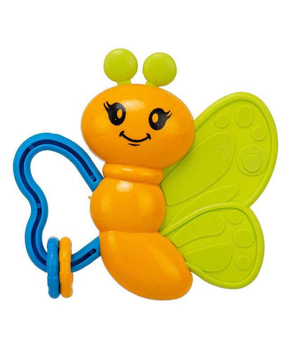 Colorful butterfly rattle toy for infants featuring orange and green colors, suitable for babies