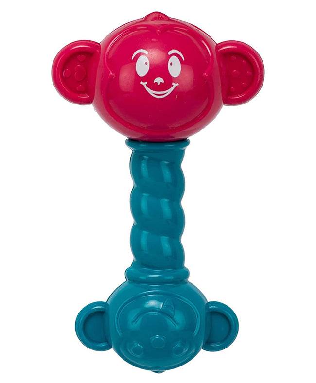 Colorful monkey rattler toy in pink and teal for infants featuring a smiling face