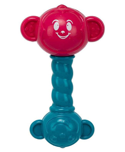 Colorful monkey rattler toy in pink and teal for infants featuring a smiling face