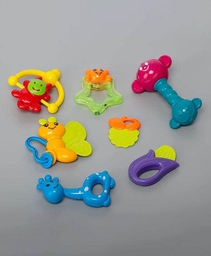 Colorful infant playset with various animal-shaped toys suitable for ages 0-2 years, featuring bright safari animals toys