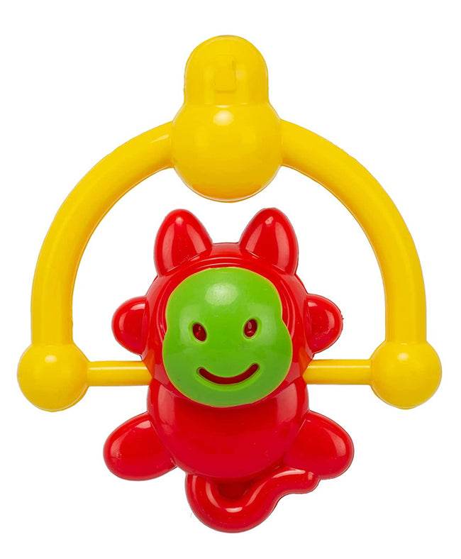 Colorful red and yellow monkey teething toy with smiling face for infants and toddlers