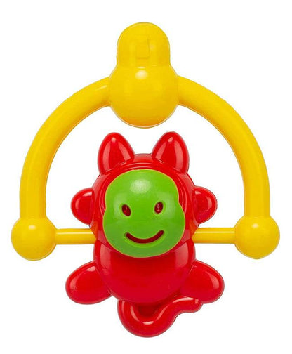 Colorful red and yellow monkey teething toy with smiling face for infants and toddlers