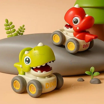 Colorful dinosaur pull-along toys for toddlers, featuring green and red designs