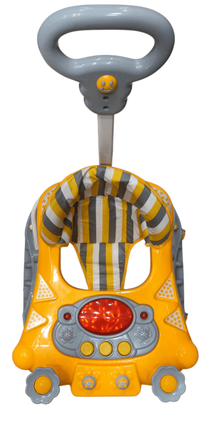 Yellow baby walker with a playful design and interactive buttons for infants learning to walk