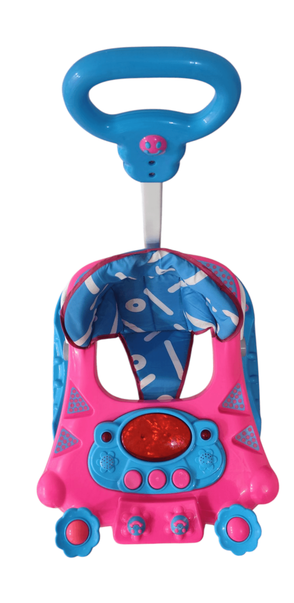 Pink and blue baby walker with interactive buttons for infants and toddlers