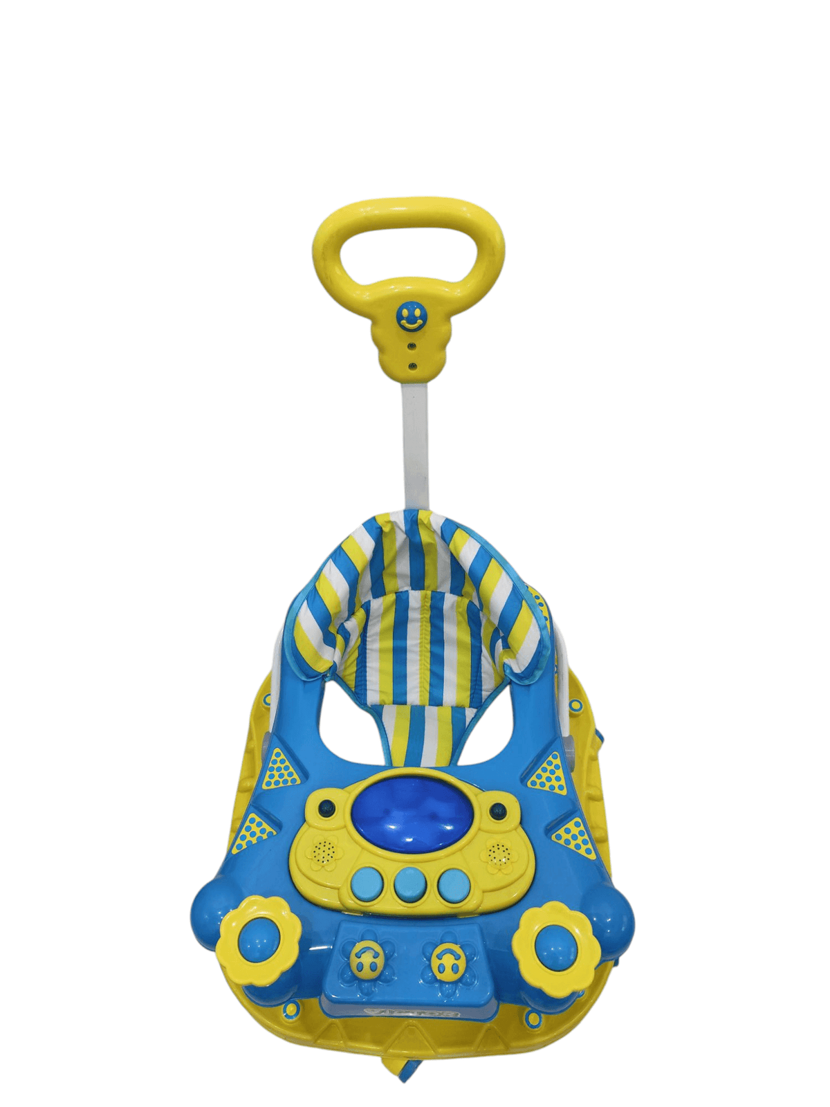 Blue and yellow baby walker with interactive features for infants and toddlers