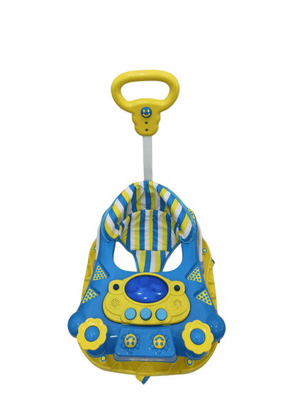 Blue and yellow baby walker with interactive features for infants and toddlers