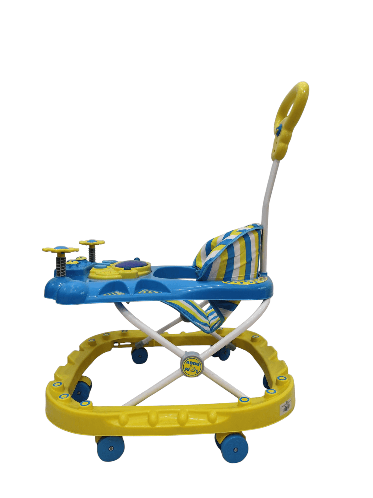 Yellow and blue baby walker with interactive features for infants aged 6-12 months