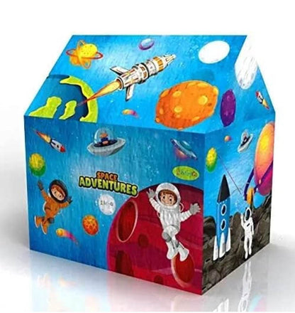 Space themed tent for children with colorful space adventure design featuring astronauts and rockets