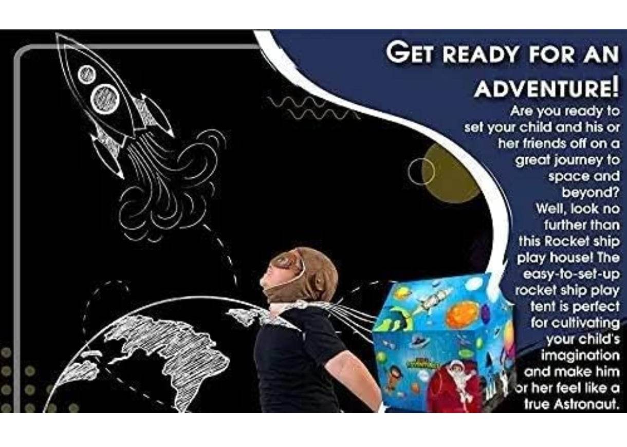 Space themed tent for children shaped like a colorful rocket ship play house with planets and stars design