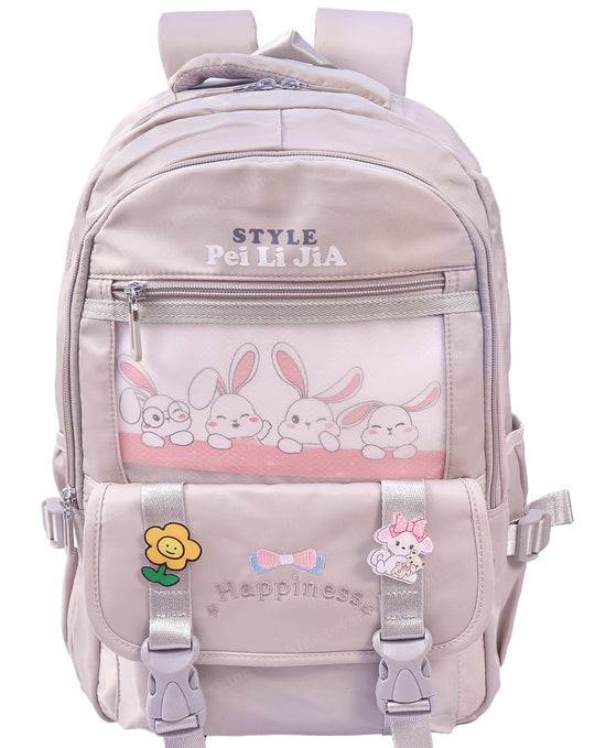 Pink backpack for school with bunny design and decorative patches