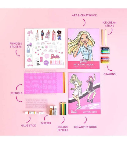 Barbie creative activity kit for kids with art and craft book, princess stickers, crayons, stencils, and glitter