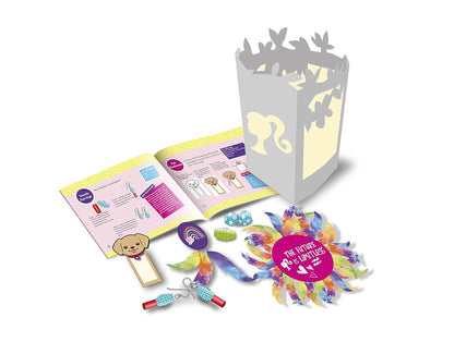 Barbie creative activity kit for kids including a lantern, colorful feathers, stickers, and instruction booklet