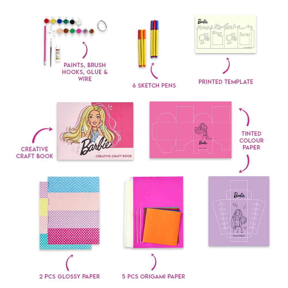Barbie creative activity kit for kids with paints brush hooks glue wire sketch pens and craft papers