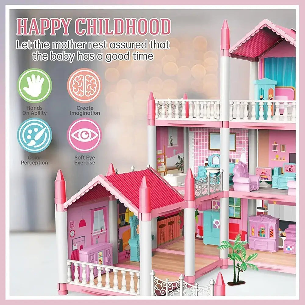 Barbie doll dream house in pink with multiple rooms for imaginative play