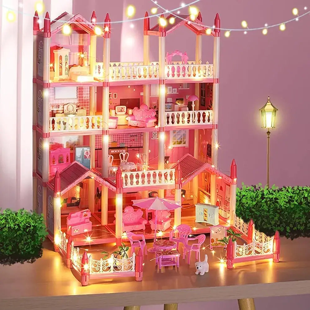 Pink Barbie doll dream house with multiple rooms and lights for imaginative play