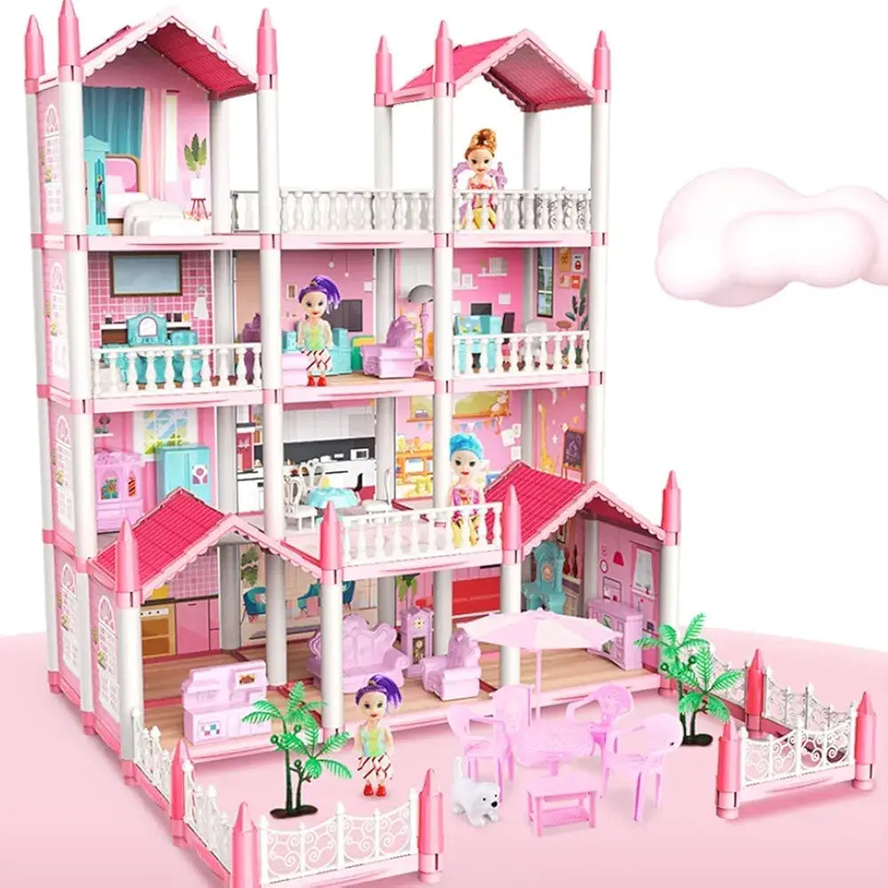 Pink Barbie doll dream house with multiple rooms and furniture for ages 3 and up