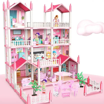 Pink Barbie doll dream house with multiple rooms and furniture for ages 3 and up