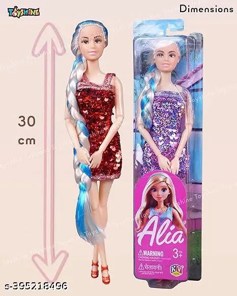 Barbie doll fashion with blue braided hair, pink sequined dress, ideal for ages 3 and up