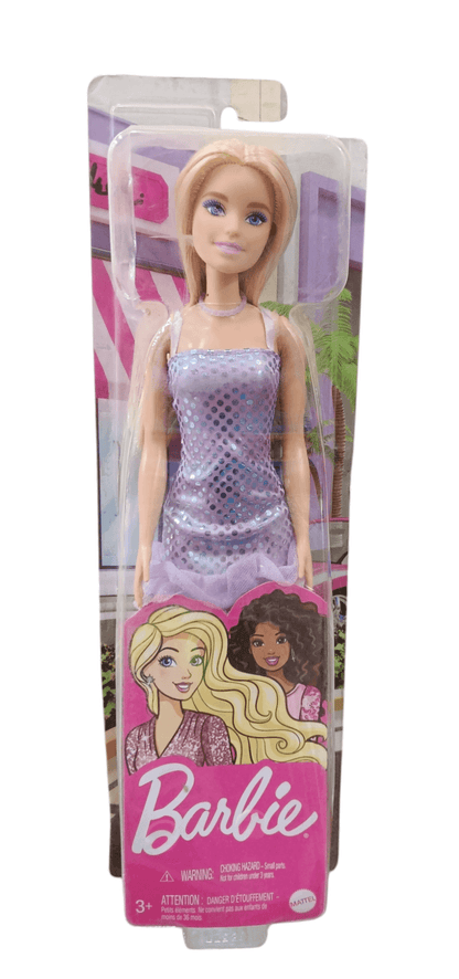 Barbie doll with glitter dress in purple packaging featuring diverse Barbie illustrations