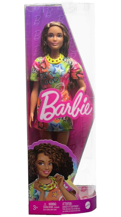 Barbie Fashionista set for girls featuring a doll with colorful graffiti dress and curly hair