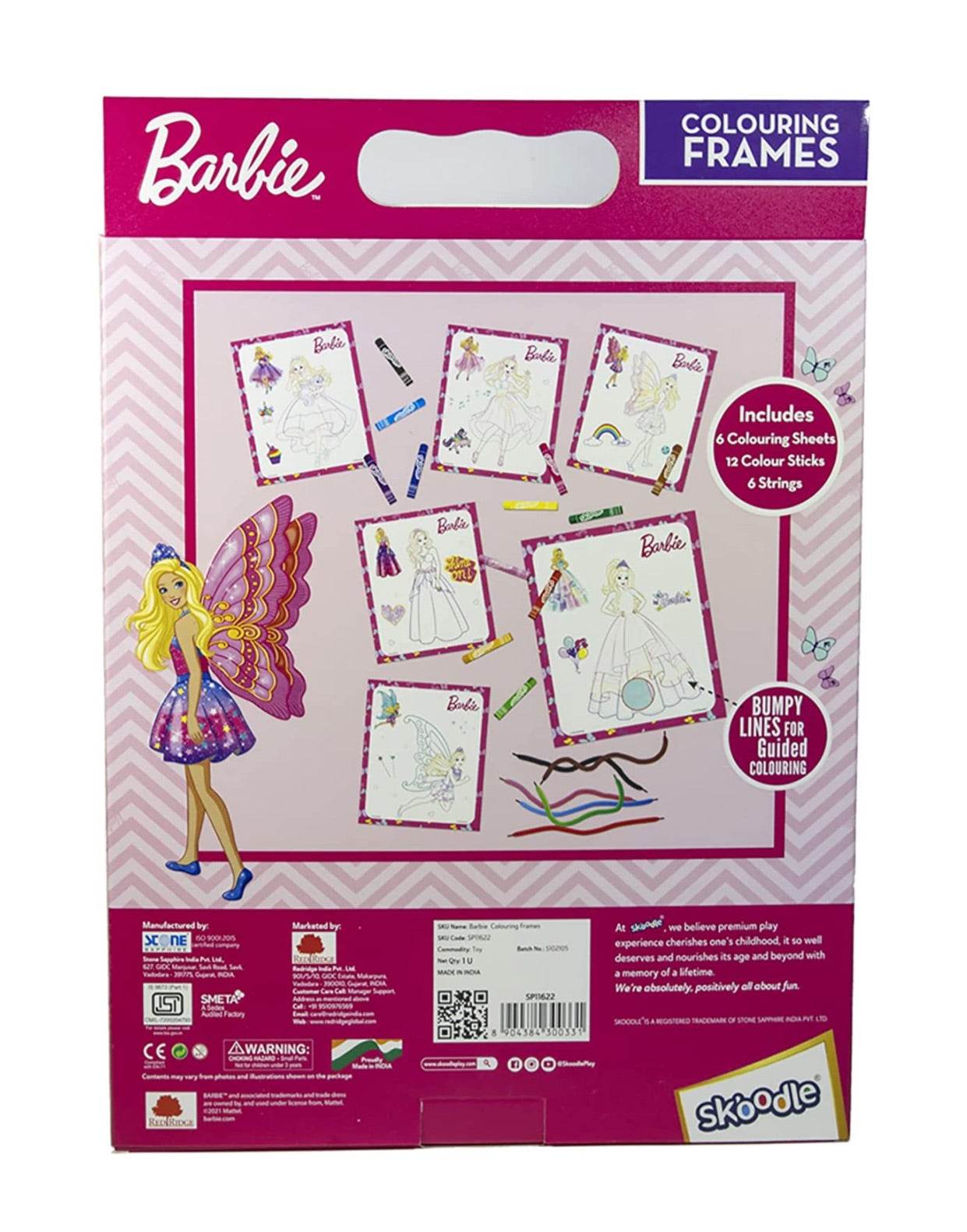 Barbie coloring frames set with six sheets, color sticks, and stencils for creative kids who love Barbie movies.