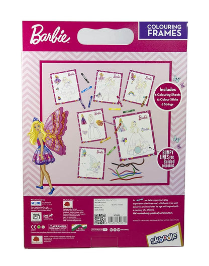 Barbie coloring frames set with six sheets, color sticks, and stencils for creative kids who love Barbie movies.