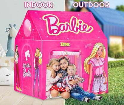Barbie play tent house for kids in bright pink with cartoon Barbie illustrations for indoor and outdoor use