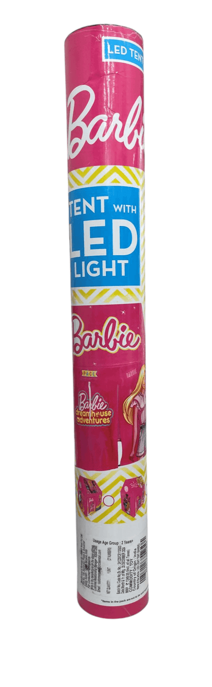 Barbie play tent house for kids packaged in a pink cylindrical tube with LED light feature