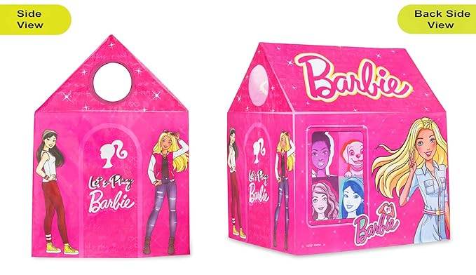 Bright pink Barbie play tent house for kids with colorful character designs and Barbie logo on sides