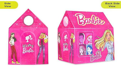 Bright pink Barbie play tent house for kids with colorful character designs and Barbie logo on sides