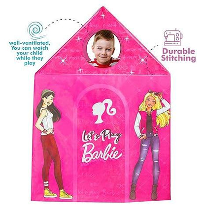 Pink Barbie play tent house for kids with cartoon characters and a child playing inside