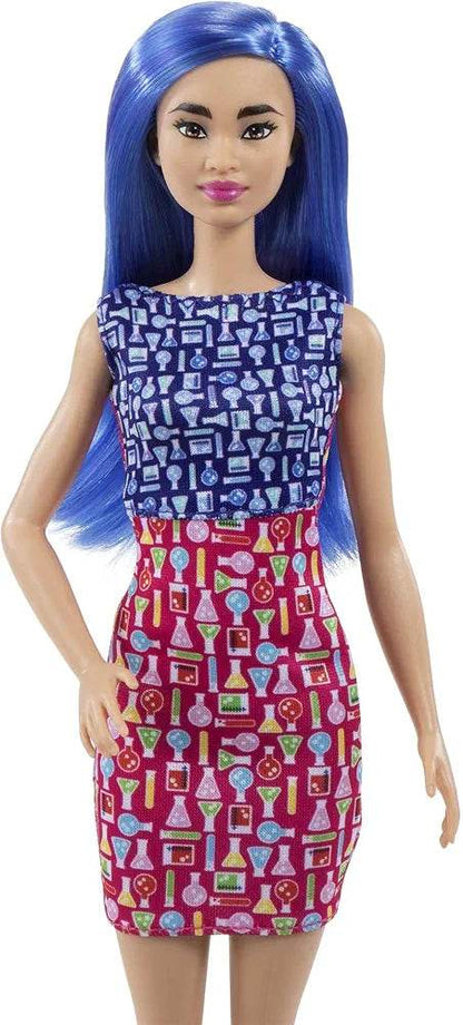 Barbie scientist doll with blue hair wearing a dress patterned with colorful scientific equipment icons