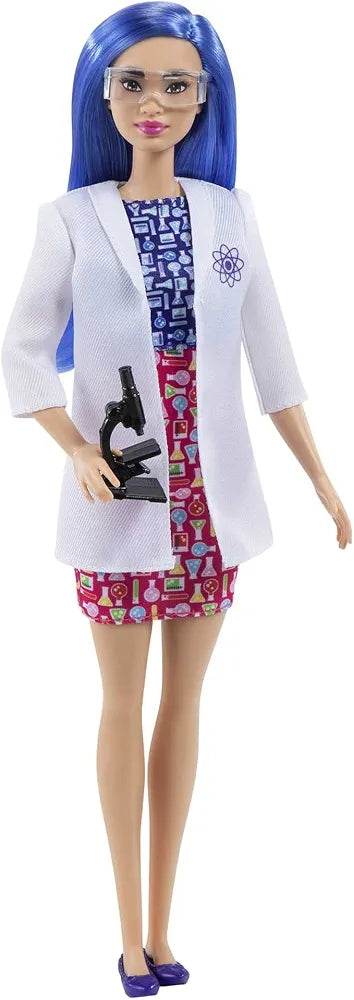 Barbie scientist doll with blue hair wearing lab coat and holding a black microscope toy