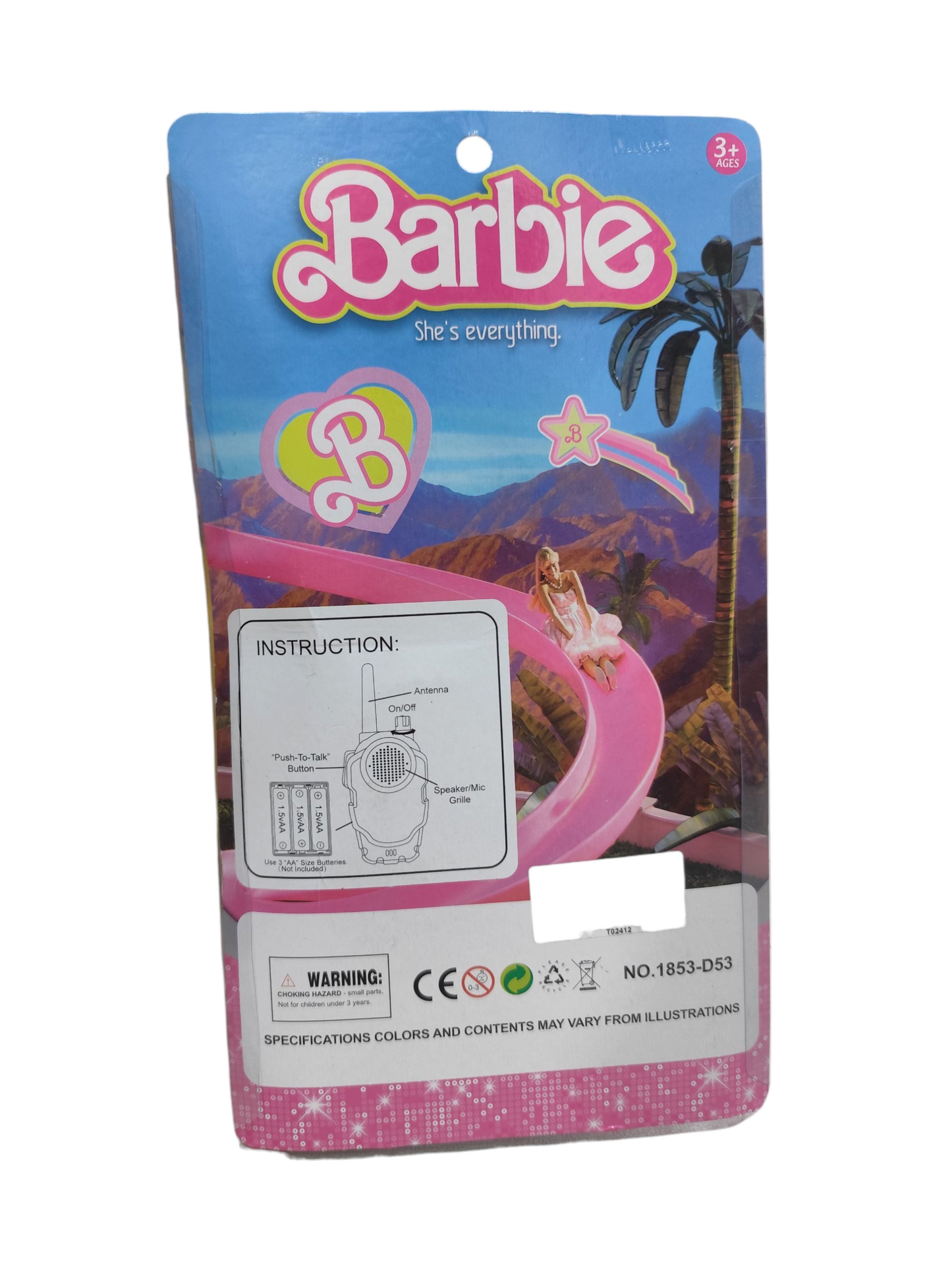 Barbie-themed walkie-talkie in pink for ages 3 and up