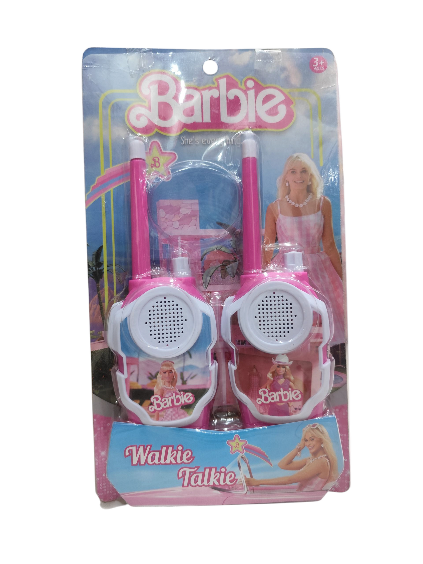Barbie walkie-talkie set in pink for ages 3 and up, perfect for fun communication play