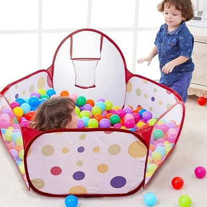 Basketball pool with balls for kids featuring colorful balls and a small basketball hoop for indoor play