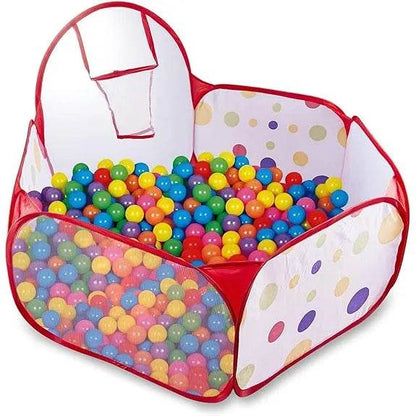 Basketball pool with balls for kids featuring colorful plastic balls and a small hoop in a red and white playpen