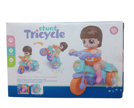 Battery operated stunt tricycle toy with a doll riding and colorful design for kids