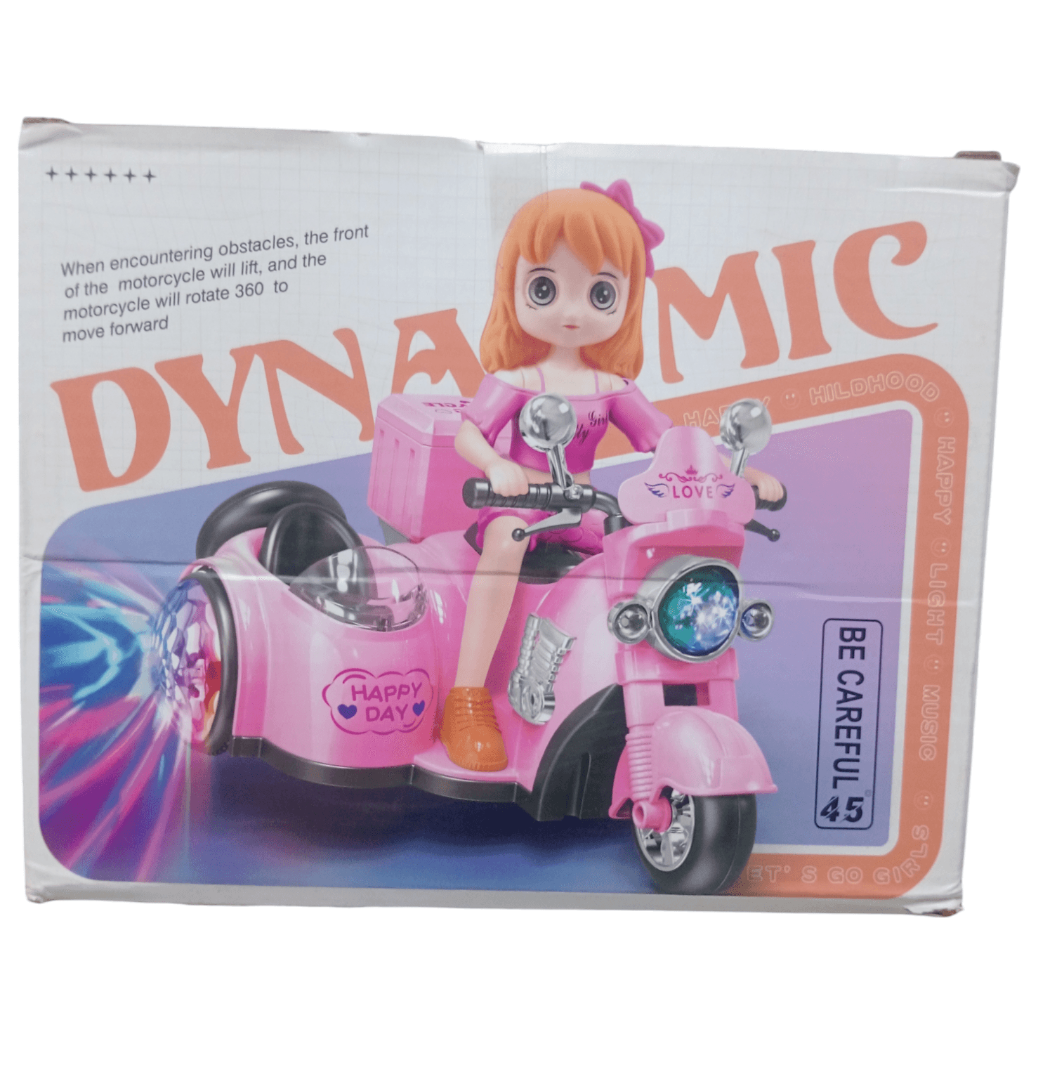 Battery operated stunt tricycle toy in pink with a doll riding it and colorful lights