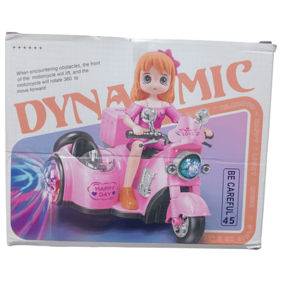 Battery operated stunt tricycle toy in pink with a doll riding it and colorful lights