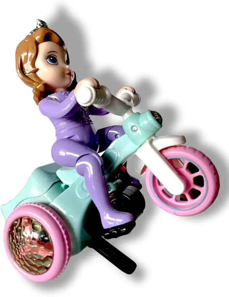 LUMO musical battery operated tricycle toy for girls with a purple rider and pastel blue and pink wheels
