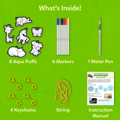 Art activity kit with 8 Aqua Puffs, 6 markers, water pen, keychains, string for creative fun