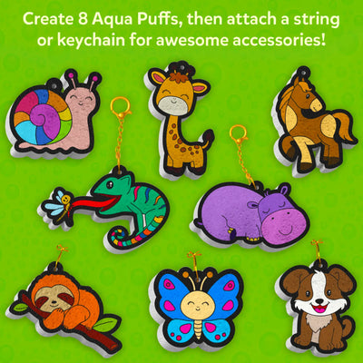 Colorful animal-themed Aqua Puff craft set featuring a snail, giraffe, horse, dragon, hippo, butterfly, sloth, and dog.